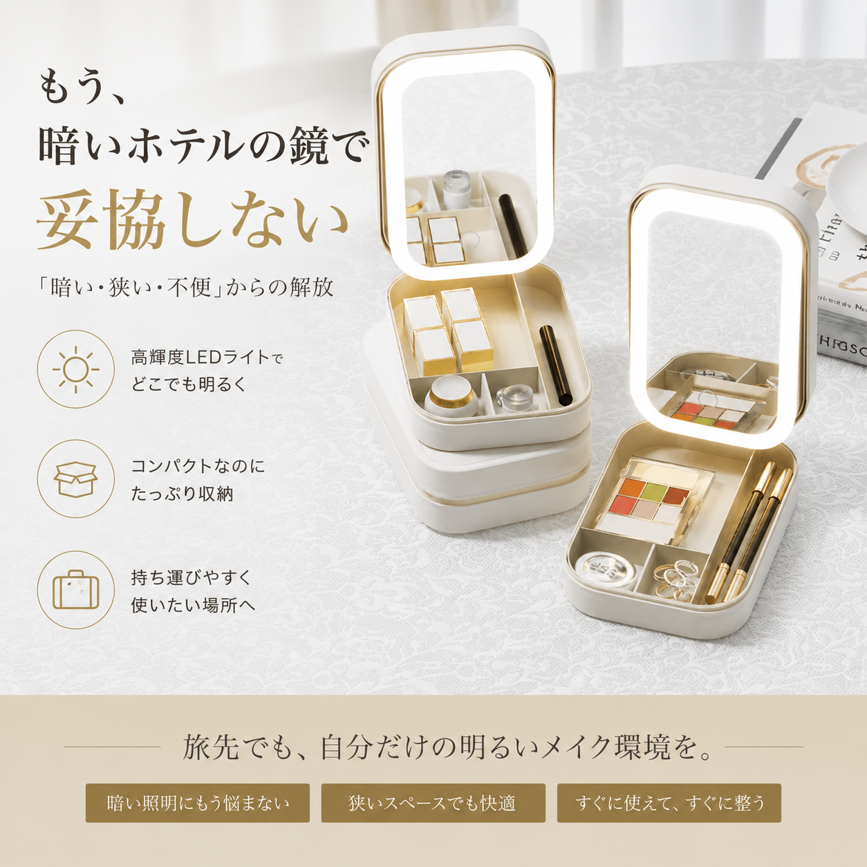 WOWストア｜3色LEDライト付き 携帯メイクミラーケース